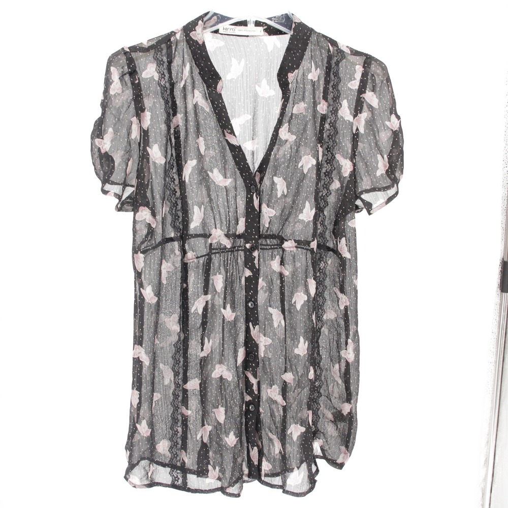 Kirra Women's Black Butterfly Print Sheer Lace Trim Button Down Top Size Large